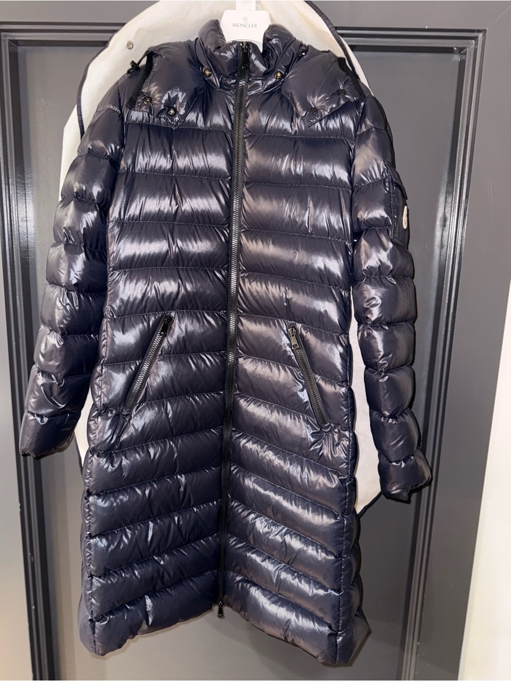 Moncler Moka Long Puffer Coat in Navy